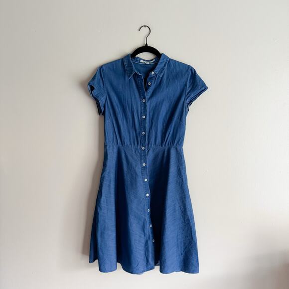 Boden Blue Chamray Short Sleeve Button Front Collared Mini Dress - Size 8 - Picture 9 of 9